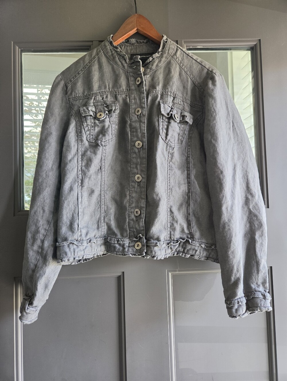 INC International Concepts Grey 100% Linen Cropped Ruffle Jacket Size PXL